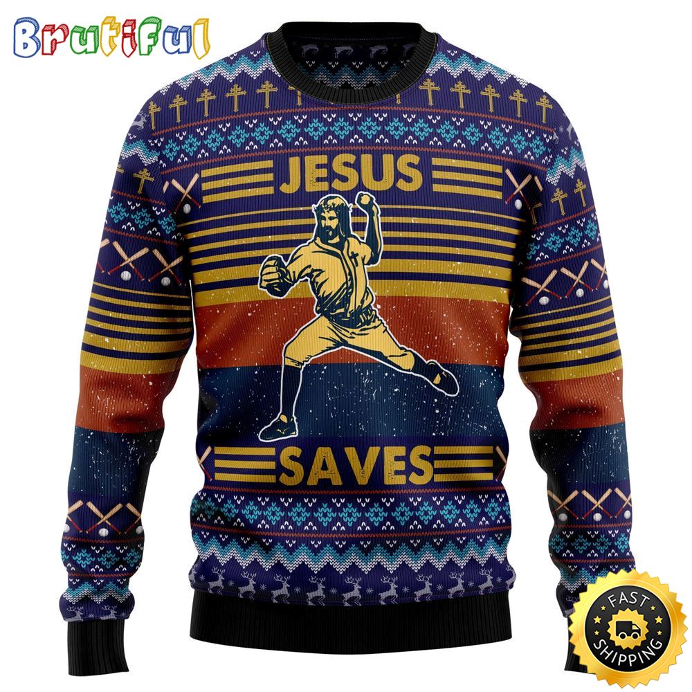 Baseball Jesus Save Ugly Christmas Sweater Gifts For Christian Families