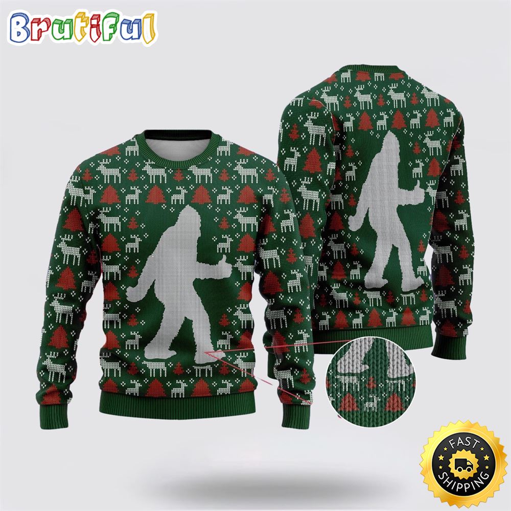 Bigfoot Reindeer And Pine Tree Motifs Green Pattern Ugly Christmas Sweater