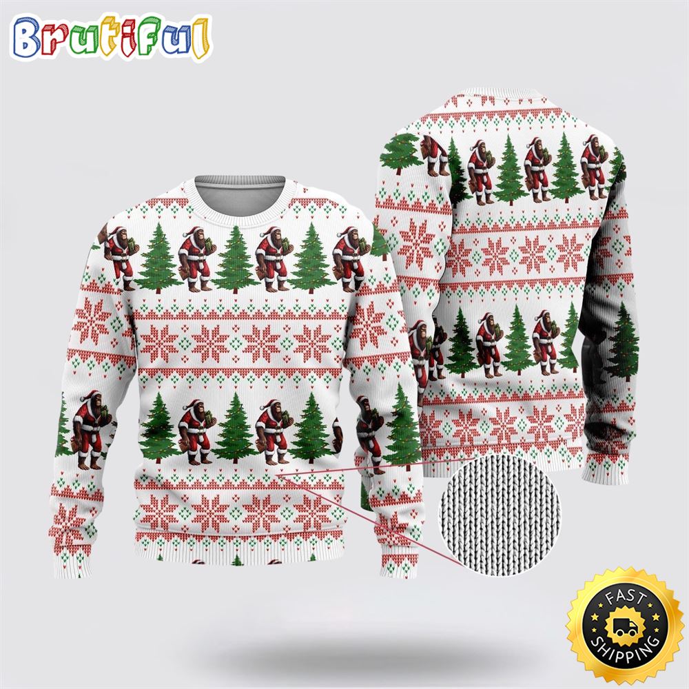 Bigfoot Santa Claus And Pine Tree Ugly Christmas Sweater