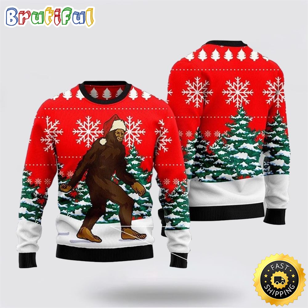 Bigfoot Walks Through The Christmas Pine Forest Ugly Christmas Sweater