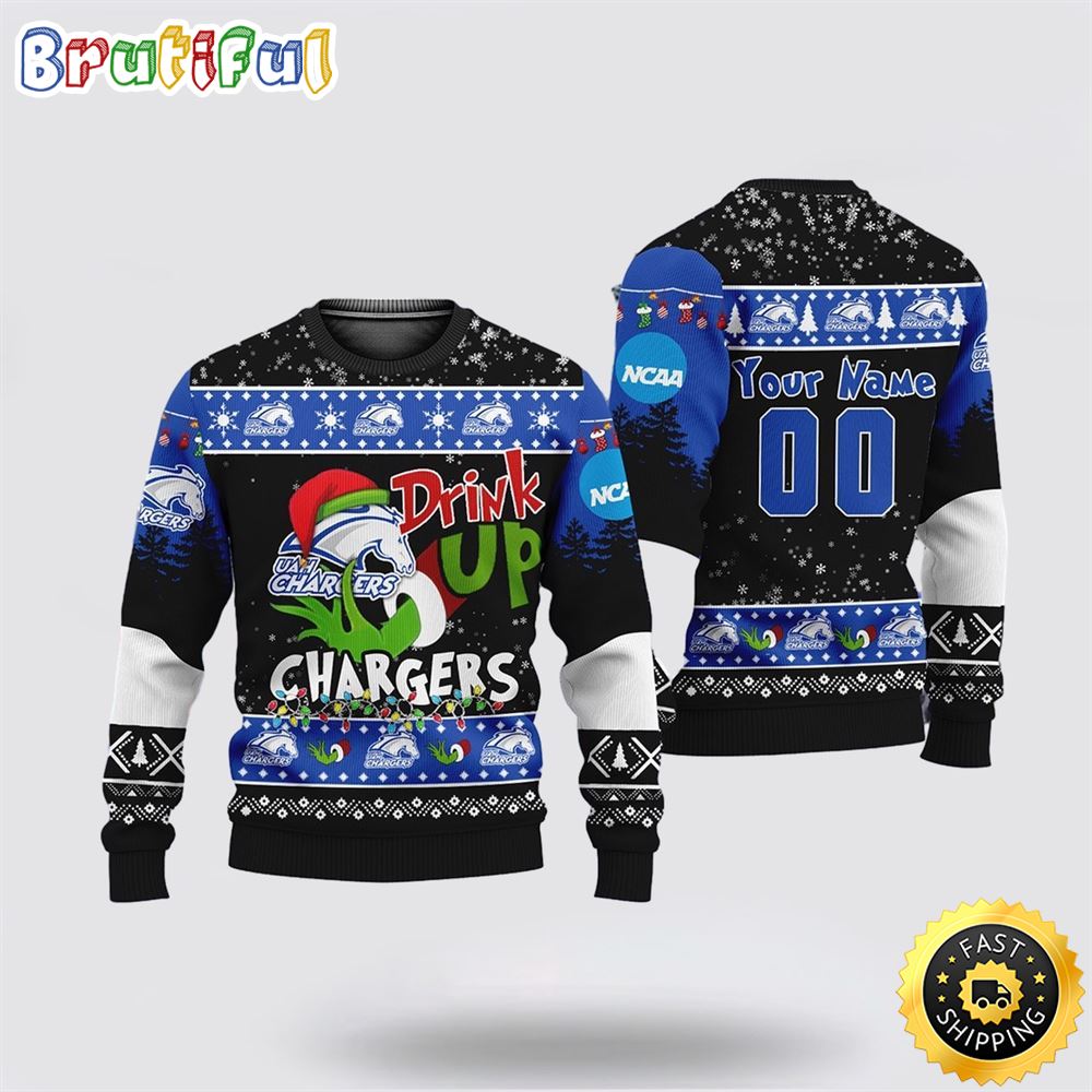 Custom NCAA Alabama-Huntsville Chargers Ugly Christmas Sweater Grinch Drink Up Christmas Gift For Football Fans