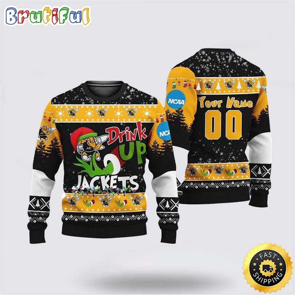 Custom NCAA Georgia Tech Yellow Jackets Ugly Christmas Sweater Grinch Drink Up Christmas Gift For Football Fans