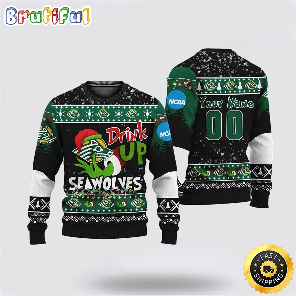 Custom NCAA Stony Brook Seawolves Ugly Christmas Sweater Grinch Drink Up Christmas Gift For Football Fans