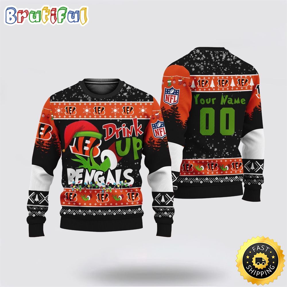 Custom NFL Cincinnati Bengals Ugly Christmas Sweater Grinch Drink Up Christmas Gift For Football Fans