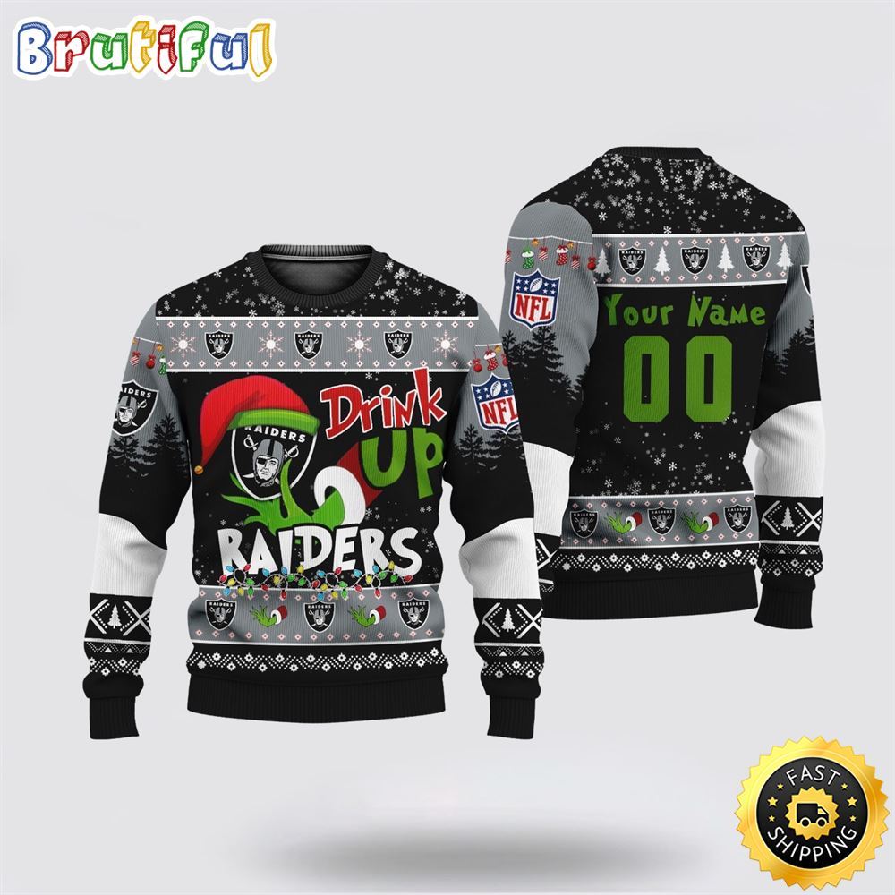 Custom NFL Las Vegas Raiders Ugly Christmas Sweater Grinch Drink Up Christmas Gift For Football Fans