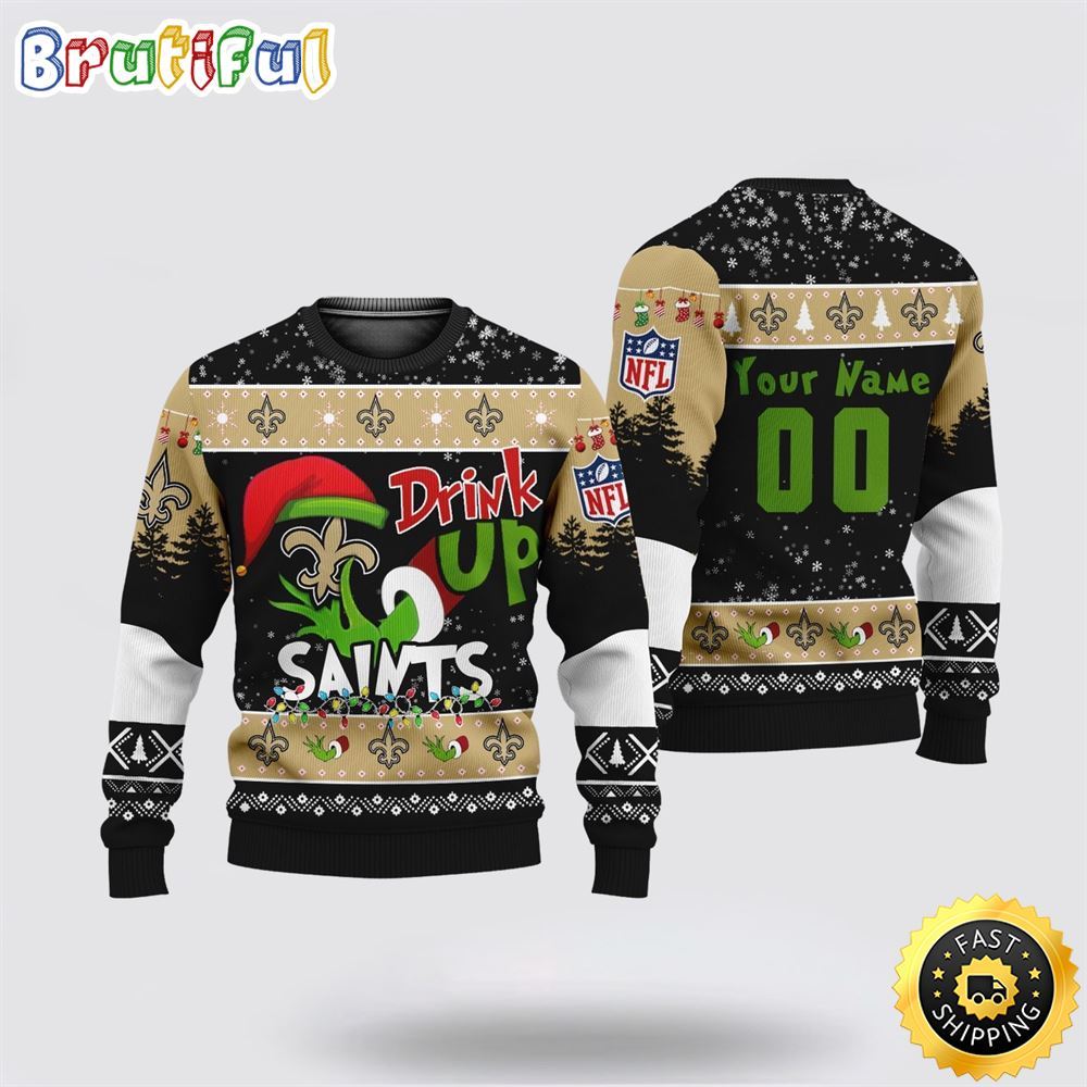 Custom NFL New Orleans Saints Ugly Christmas Sweater Grinch Drink Up Christmas Gift For Football Fans