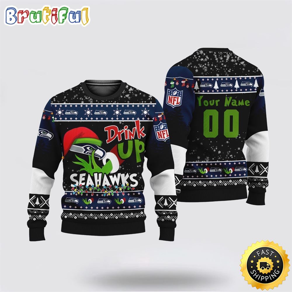 Custom NFL Seattle Seahawks Ugly Christmas Sweater Grinch Drink Up Christmas Gift For Football Fans
