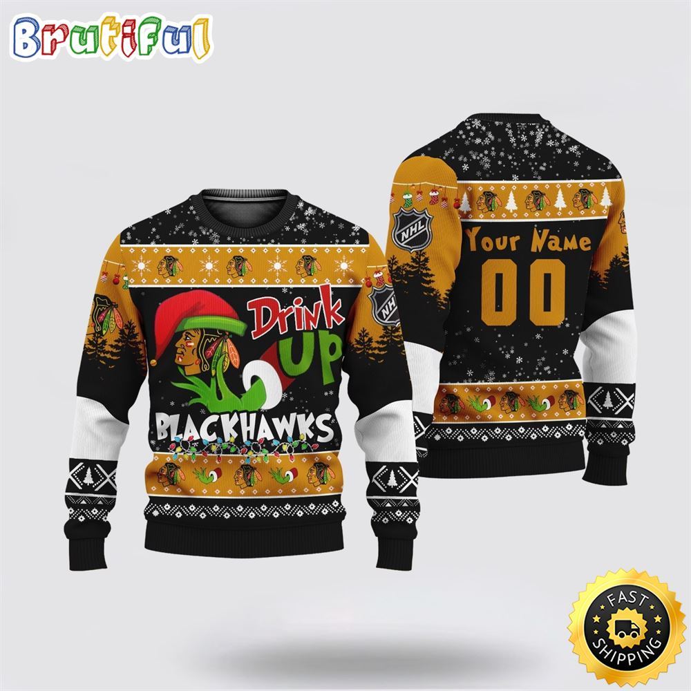 Custom NHL Chicago Blackhawks Ugly Christmas Sweater Grinch Drink Up Christmas Gift For Football Fans