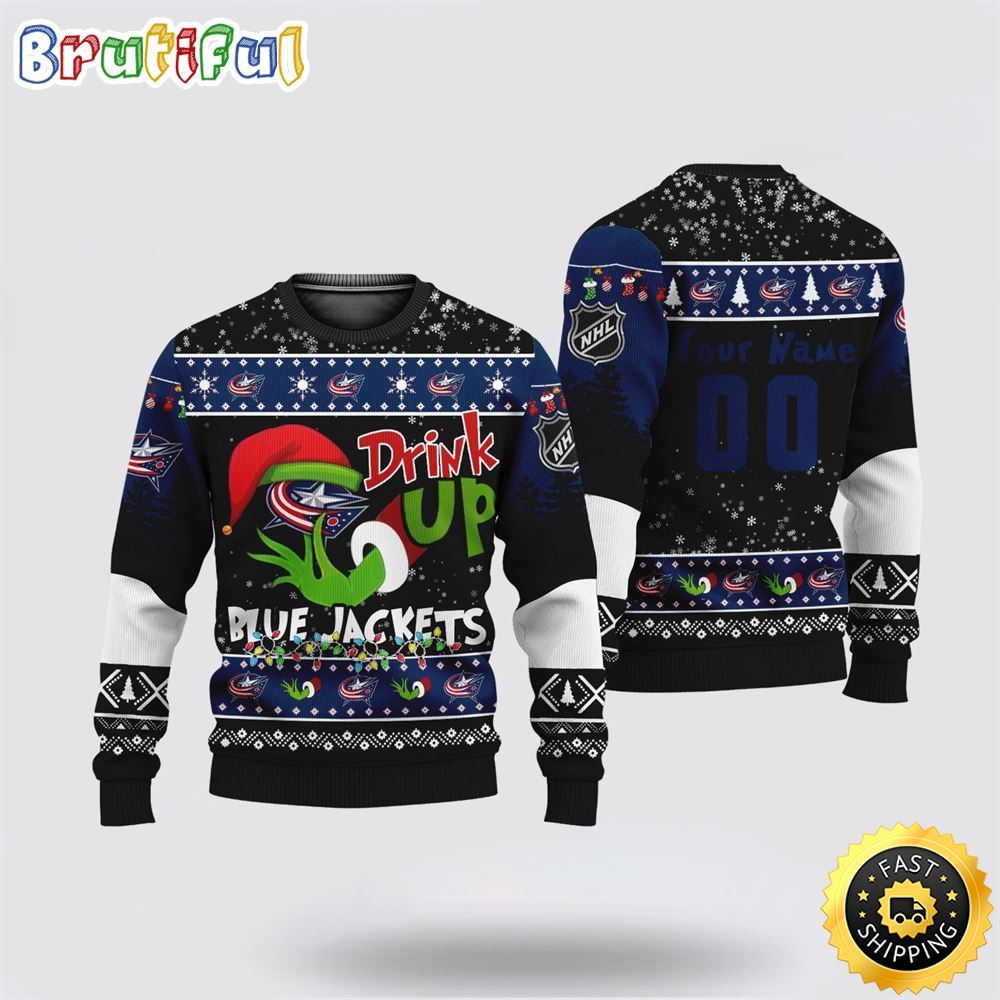 Custom NHL Columbus Blue Jackets Ugly Christmas Sweater Grinch Drink Up Christmas Gift For Football Fans