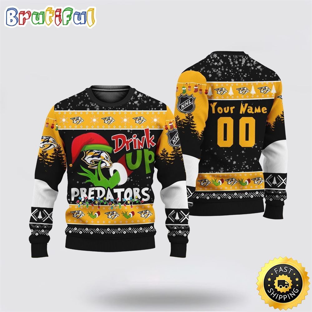 Custom NHL Nashville Predators Ugly Christmas Sweater Grinch Drink Up Christmas Gift For Football Fans