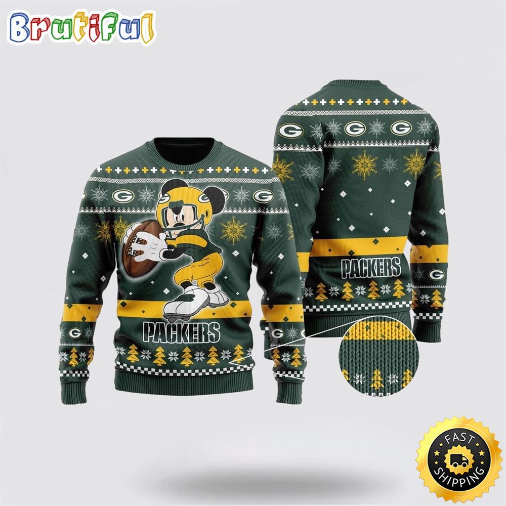 Green Bay Packers Ugly Christmas Sweater Mickey Mouse The Decisive Throw Unisex Sweater