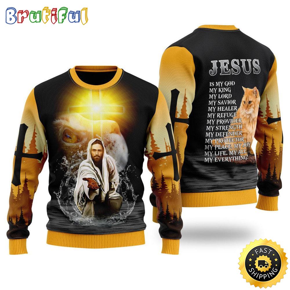 Jesus And Cat My Everything Ugly Christmas Sweater Gifts For Christian Families