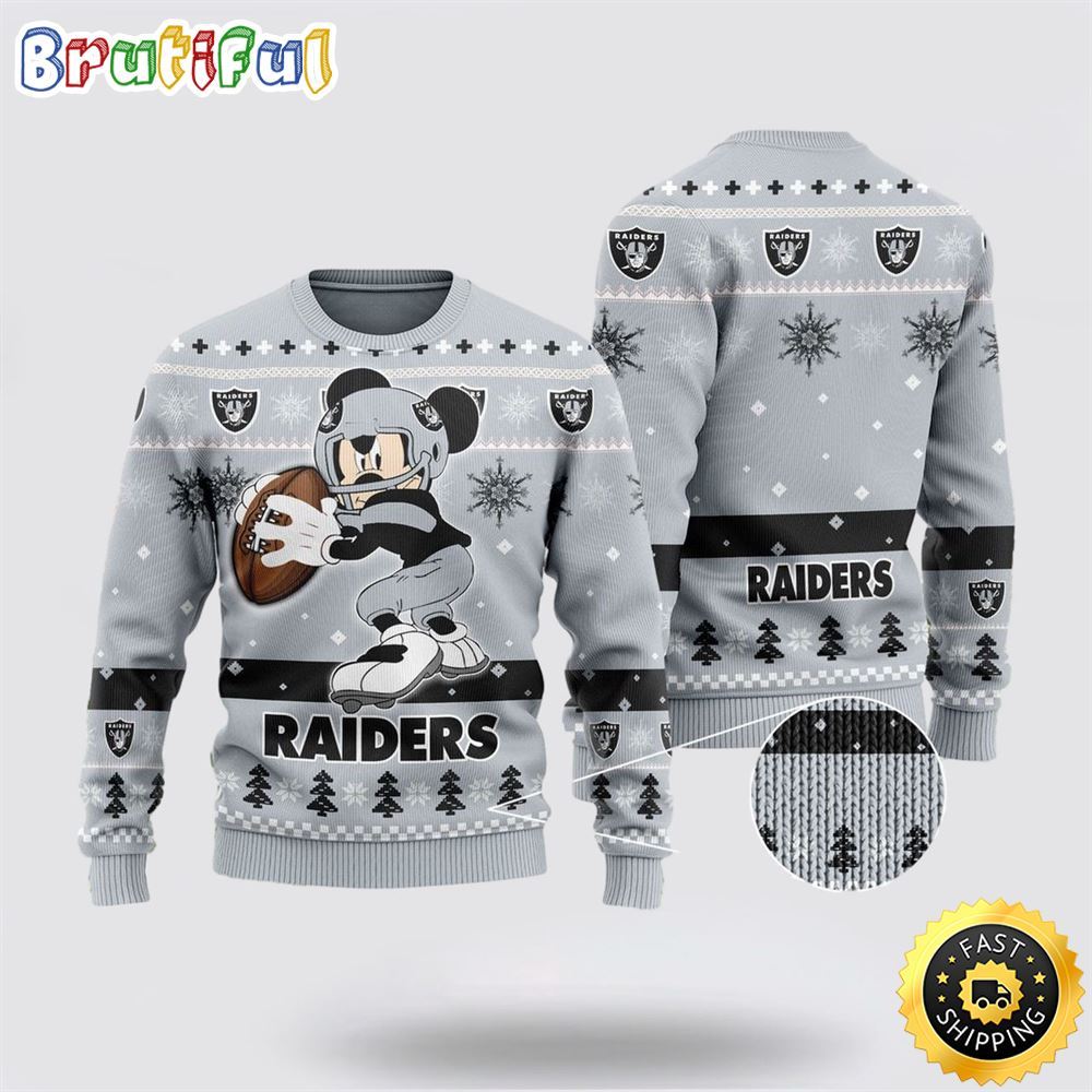 Las Vegas Raiders Ugly Christmas Sweater Mickey Mouse The Decisive Throw Unisex Sweater