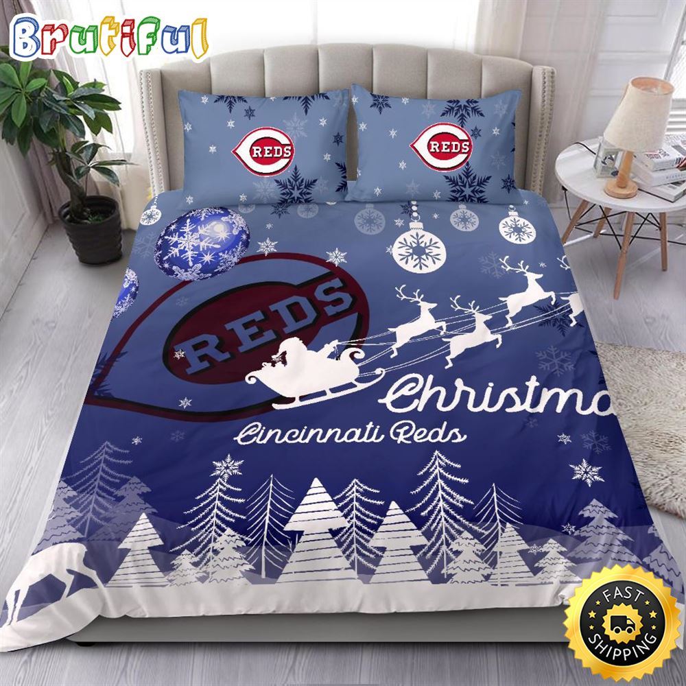 MLB Cincinnati Reds Bedding Sets Santa Claus Sleigh And Reindeer Christmas Bedding Sets Quilt Bedding Sets