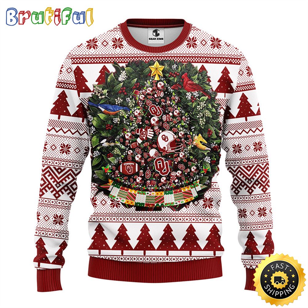 NCAA Oklahoma Sooners Ugly Christmas Sweater Ball Pine Tree Christmas Unisex Sweater