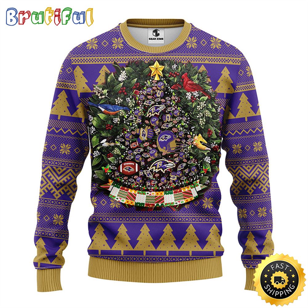 NFL Baltimore Ravens Ugly Christmas Sweater Ball Pine Tree Christmas Unisex Sweater