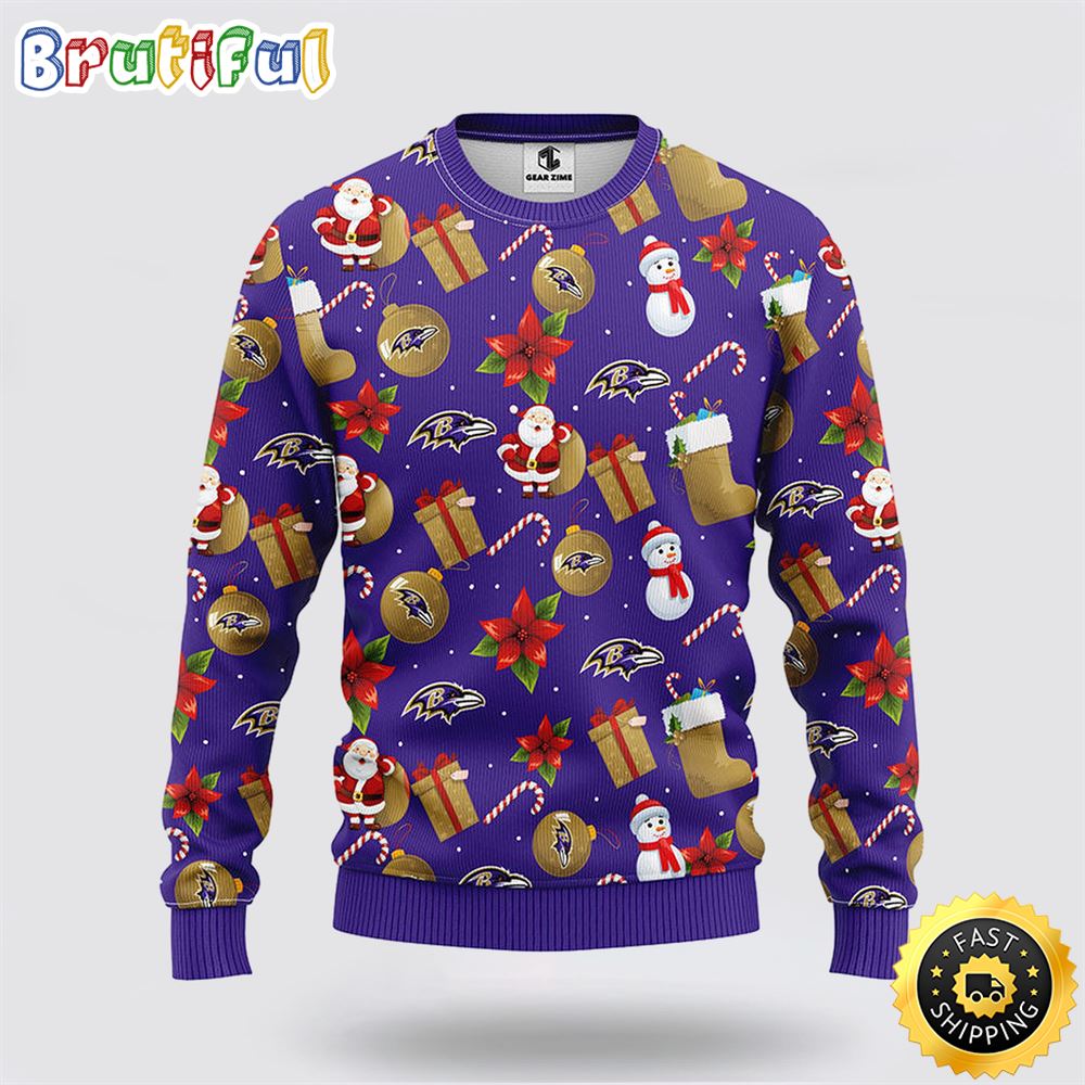 NFL Baltimore Ravens Ugly Sweater Santa Claus Snowman Ugly Christmas Sweater
