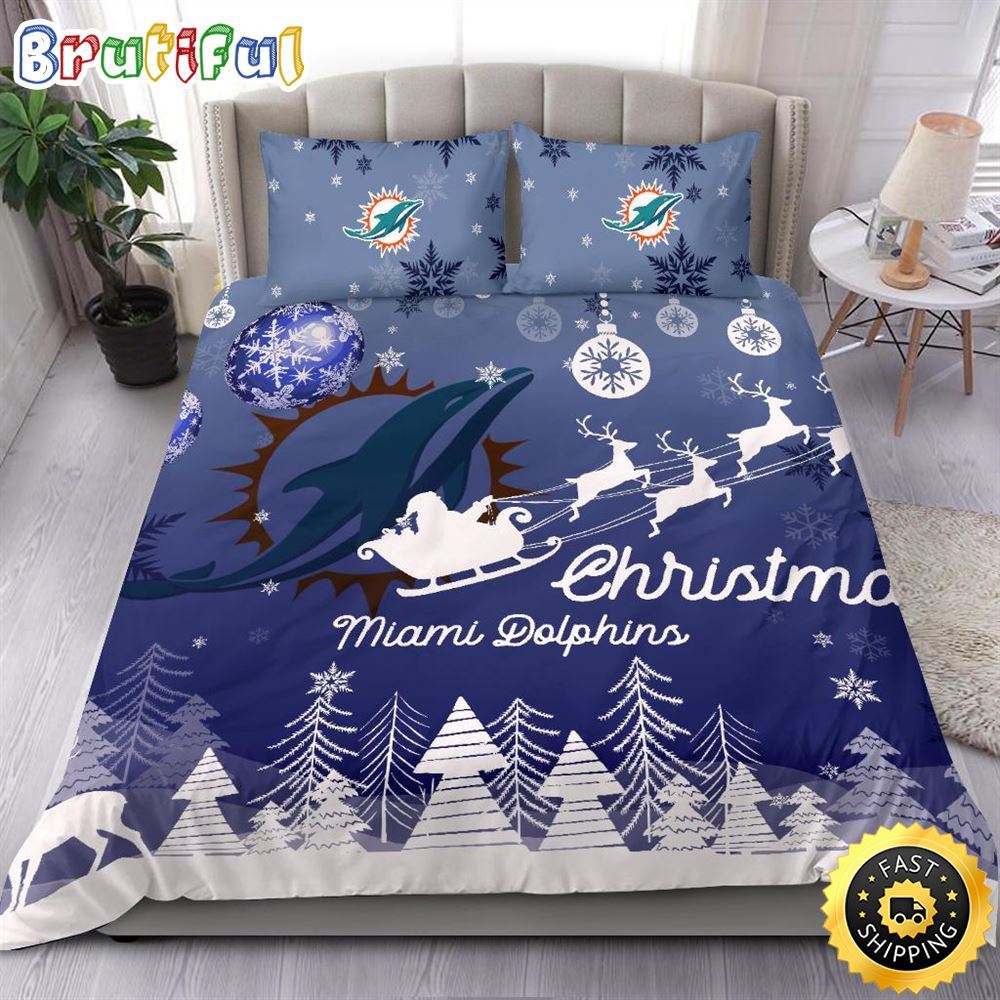NFL Miami Dolphins Bedding Sets Santa Claus Sleigh And Reindeer Christmas Bedding Sets Quilt Bedding Sets
