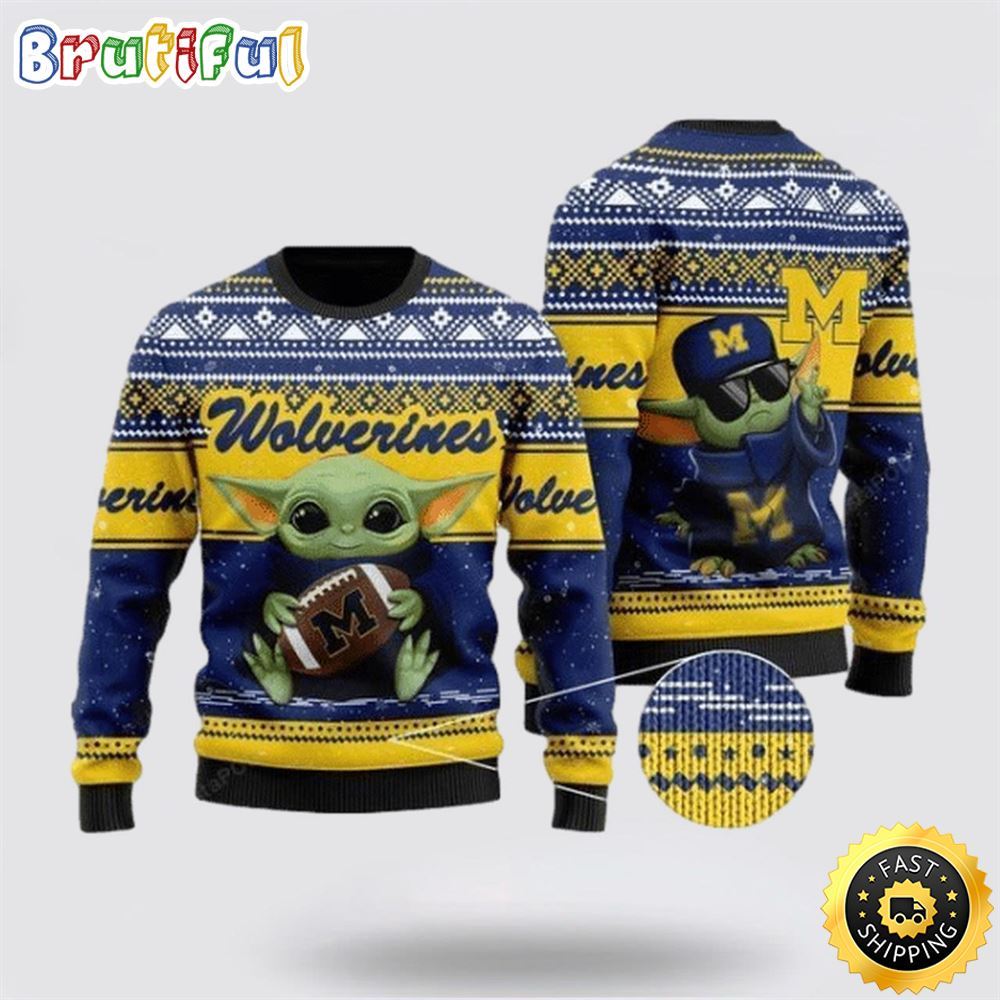 NFL Michigan Wolverines Ugly Christmas Sweater Cute Baby Yoda Unisex Sweater