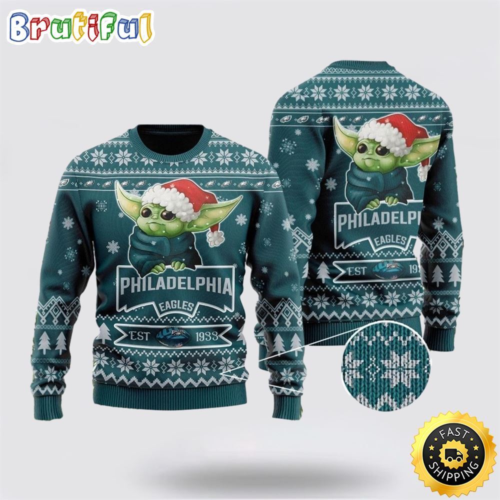 NFL Philadelphia Eagles Ugly Christmas Sweater Cute Baby Yoda Unisex Sweater