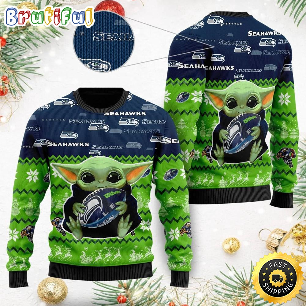 NFL Seattle Seahawks Ugly Christmas Sweater Baby Yoda Print Shirts