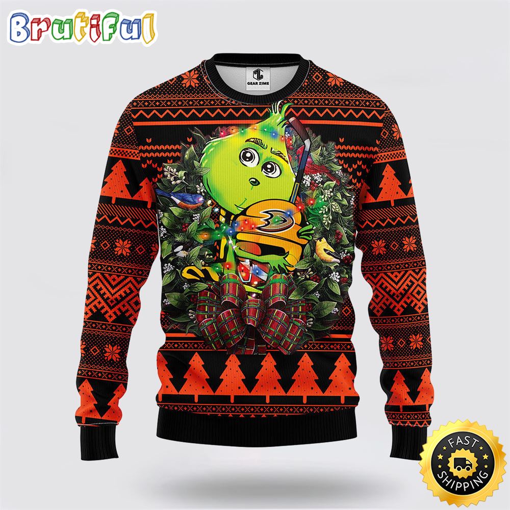 NHL Anaheim Ducks Ugly Sweater Grinch Hug Ugly Christmas Sweater