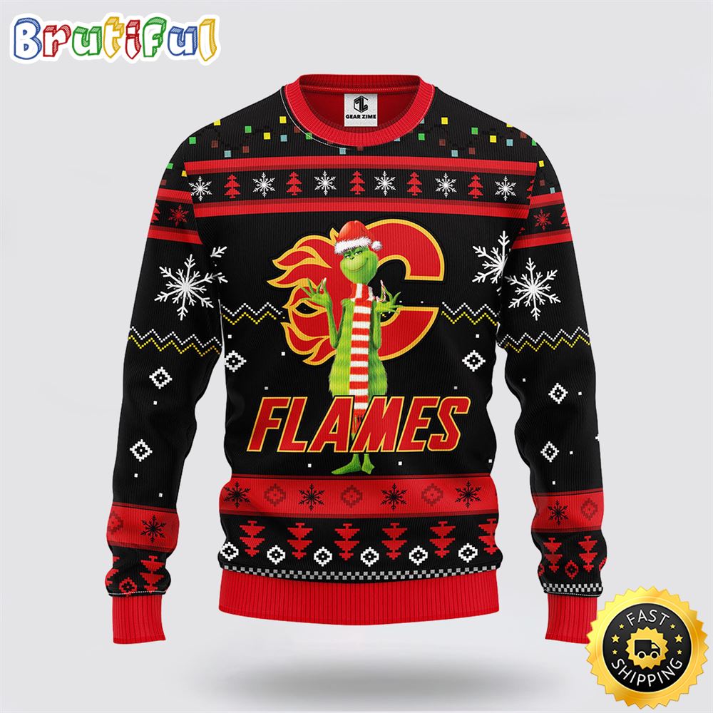 NHL Calgary Flames Ugly Sweater Funny Grinch Ugly Christmas Sweater