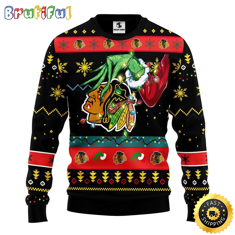 NHL Chicago Blackhawks Christmas Ugly Sweater Grinch Gift For Hockey Fans