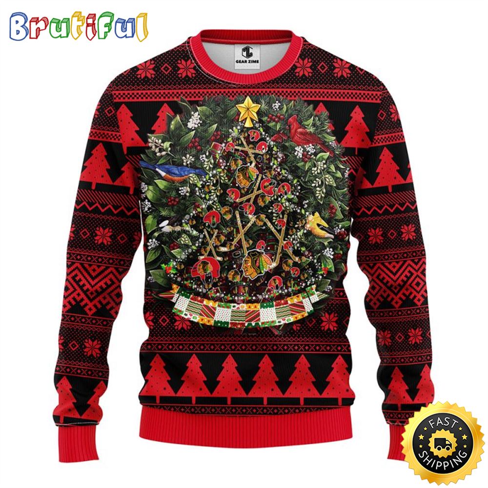 NHL Chicago Blackhawks Ugly Christmas Sweater Ball Pine Tree Christmas Unisex Sweater