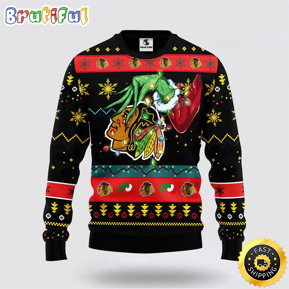 NHL Chicago Blackhawks Ugly Sweater The Hand Of Grinch Ugly Christmas Sweater
