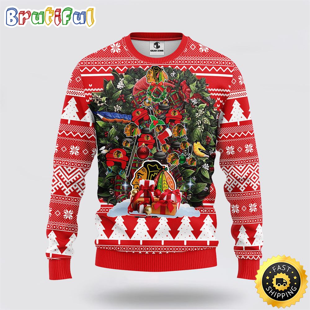 NHL Chicago Blackhawks Ugly Sweater Tree Ball Christmas Red Ugly Sweater