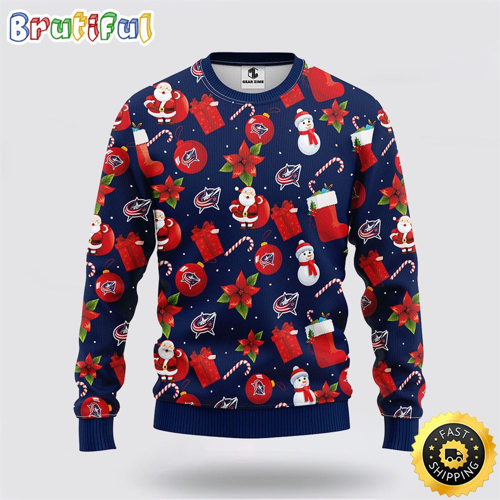 NHL Columbus Blue Jackets Ugly Sweater Santa Claus Snowman Ugly Christmas Sweater