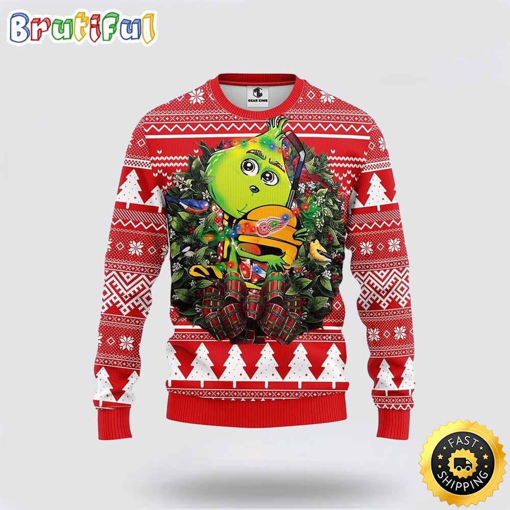NHL Detroit Red Wings Christmas Ugly Sweater Grinch Hug Xmas Gift For Hockey Fans