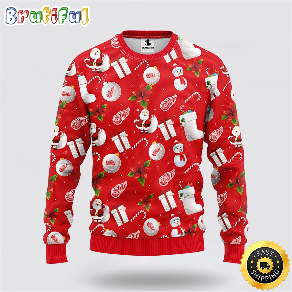 NHL Detroit Red Wings Ugly Sweater Santa Claus Snowman Ugly Christmas Sweater