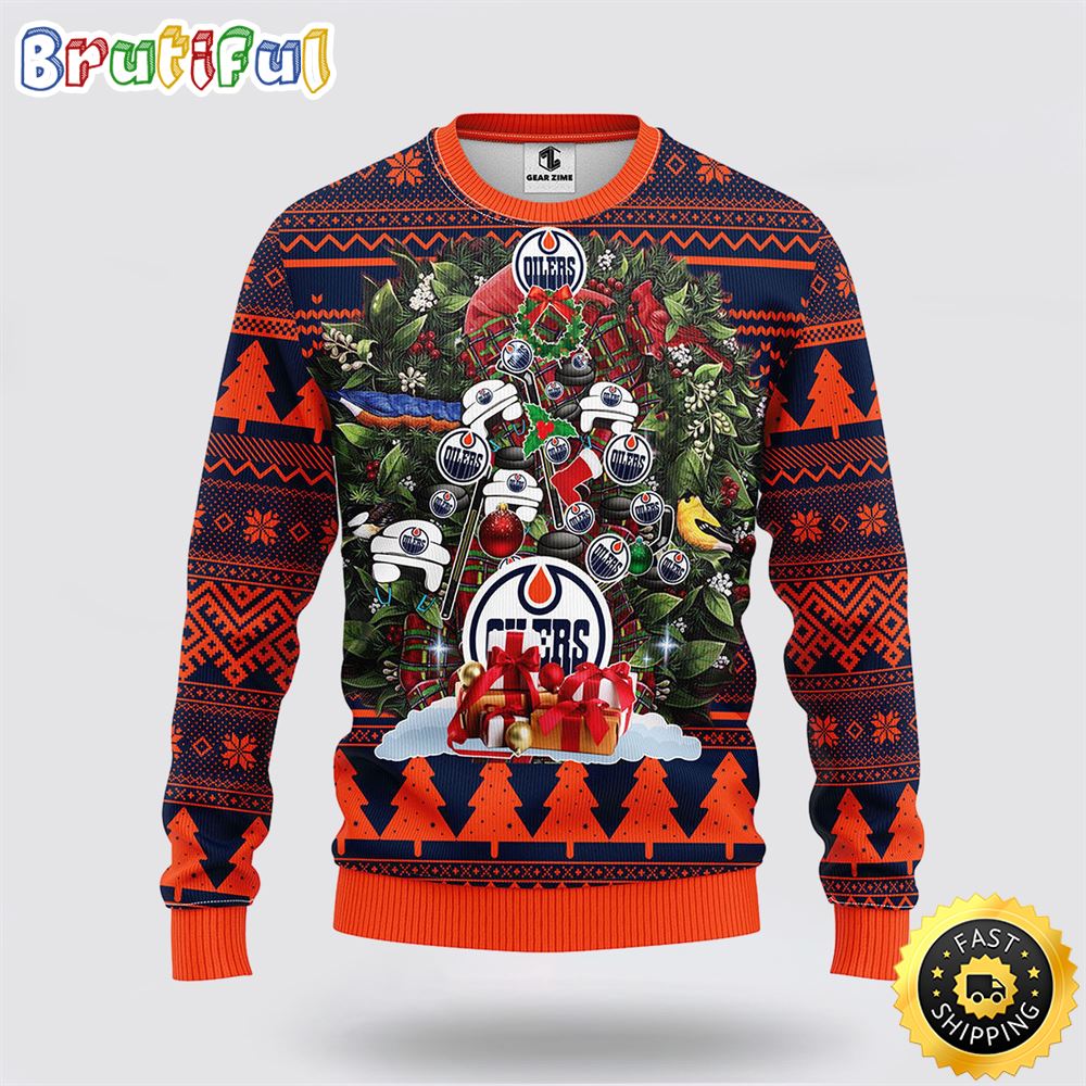 NHL Edmonton Oilers Ugly Sweater Tree Ugly Christmas Fleece Sweater