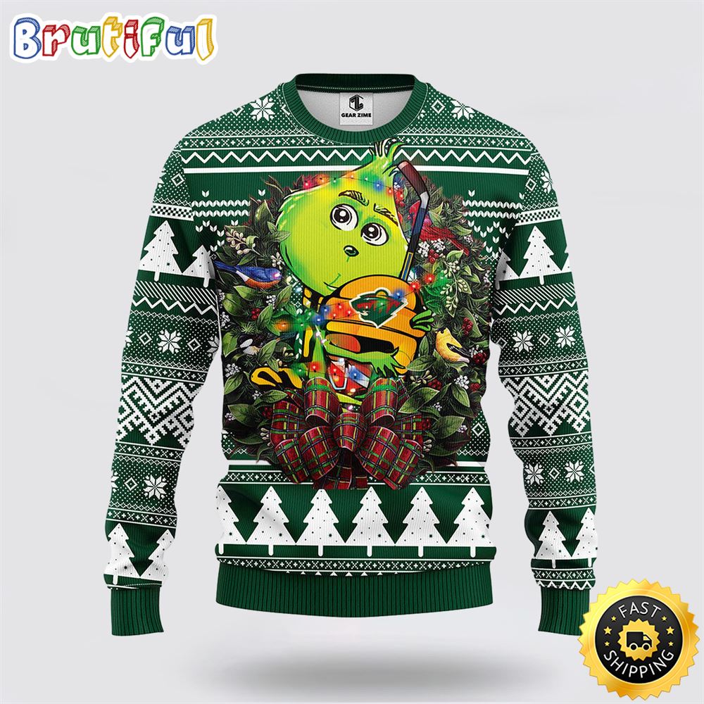 NHL Minnesota Wild Ugly Sweater Grinch Hug Ugly Christmas Sweater