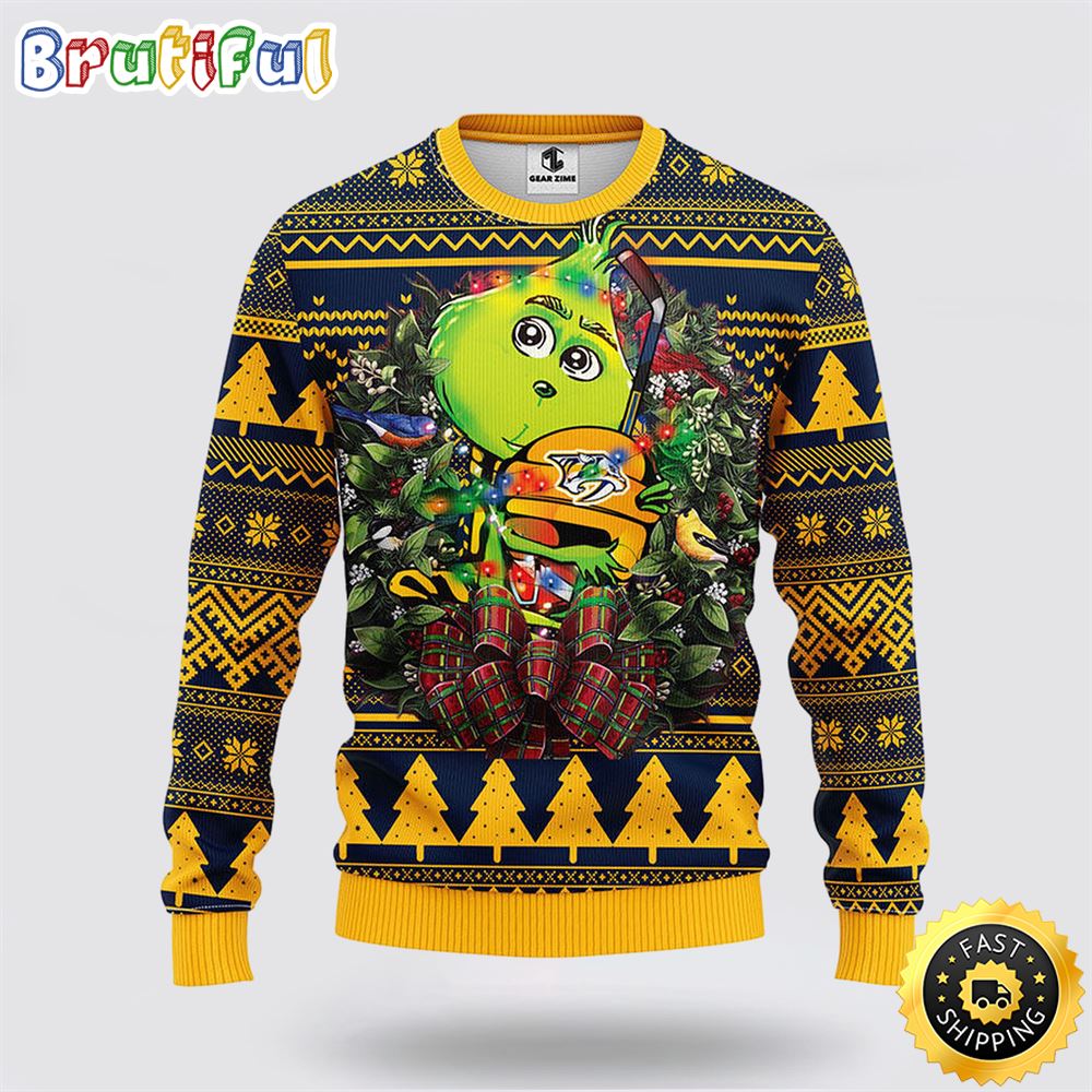 NHL Nashville Predators Ugly Sweater Grinch Hug Ugly Christmas Sweater