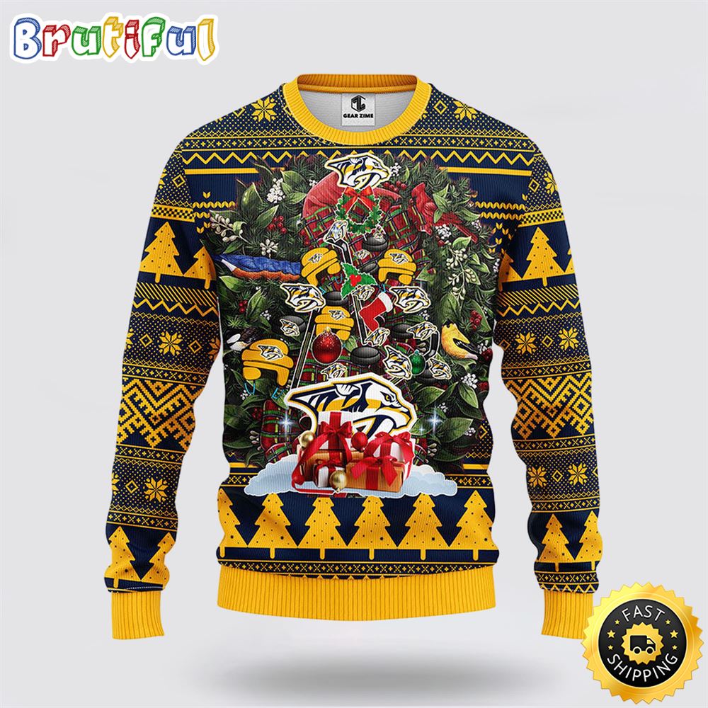 NHL Nashville Predators Ugly Sweater Tree Ugly Christmas Fleece Sweater