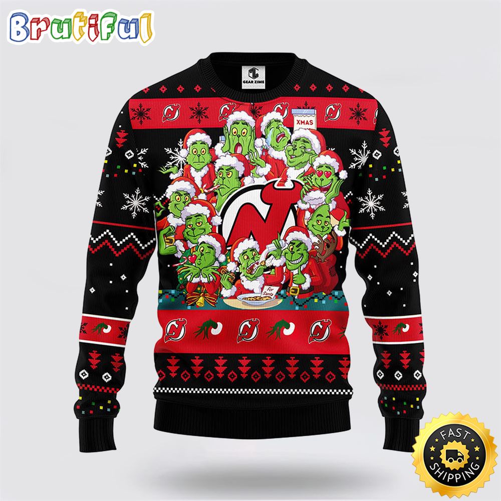 NHL New Jersey Devils Ugly Sweater 12 Expressions Of Grinch During The Christmas Season Sweater