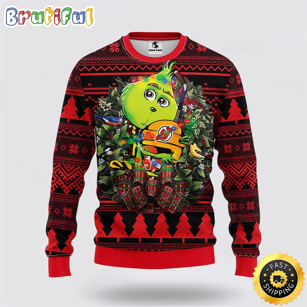 NHL New Jersey Devils Ugly Sweater Grinch Hug Ugly Christmas Sweater