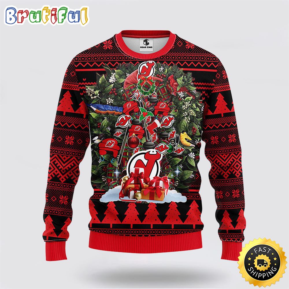 NHL New Jersey Devils Ugly Sweater Tree Ugly Christmas Fleece Sweater