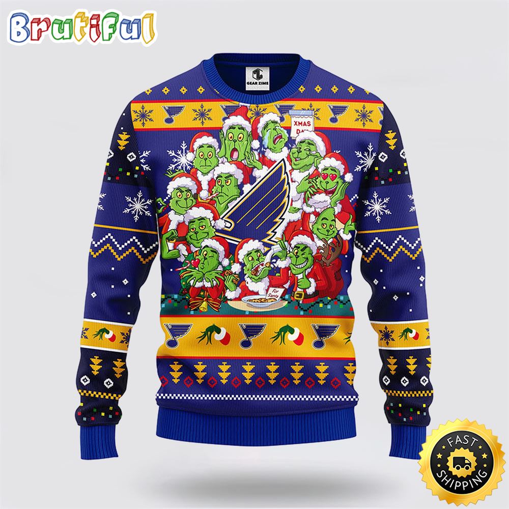 NHL St. Louis Blues Ugly Sweater 12 Expressions Of Grinch During The Christmas Season Sweater