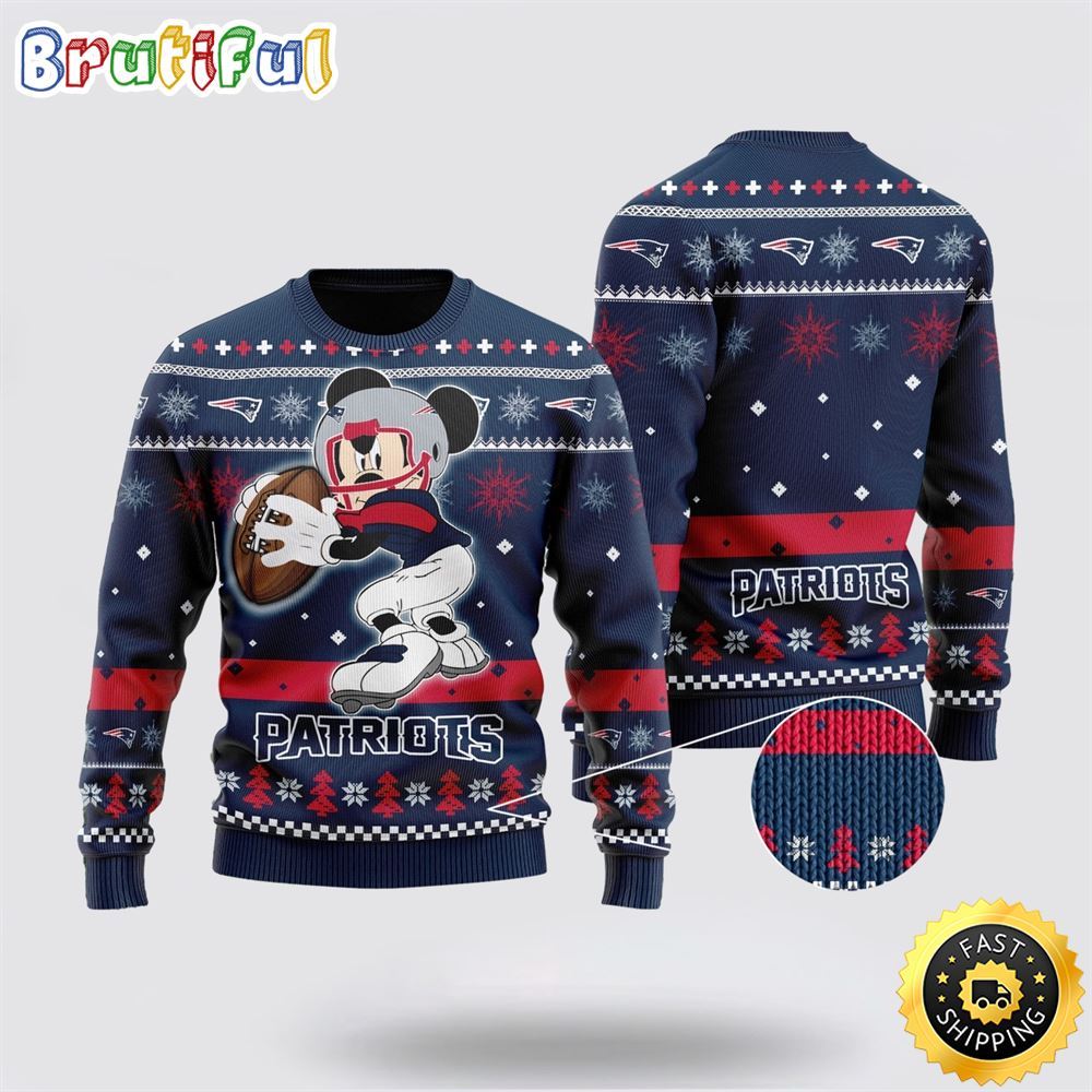 New England Patriots Ugly Christmas Sweater Mickey Mouse The Decisive Throw Unisex Sweater