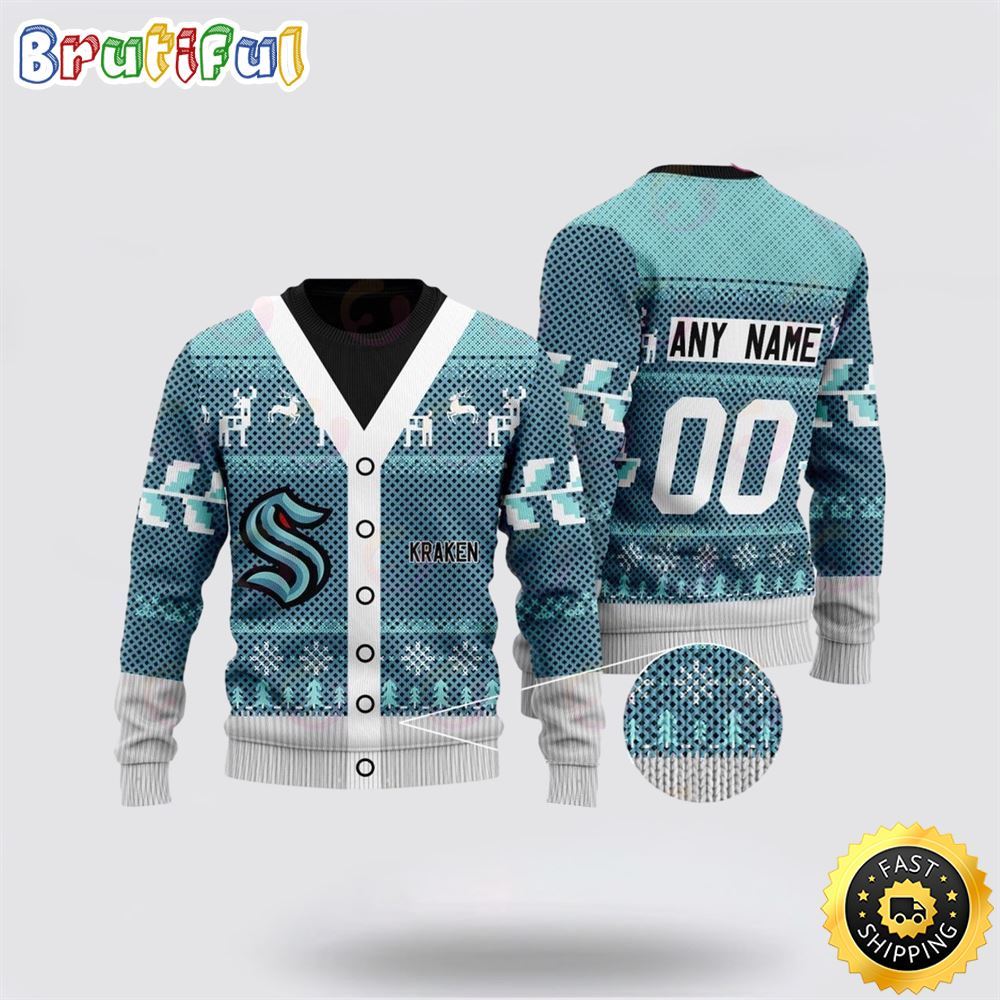 Personalized NHL Seattle Kraken Elk Pattern Ugly Christmas Sweater Perfect Gift For Football Fans