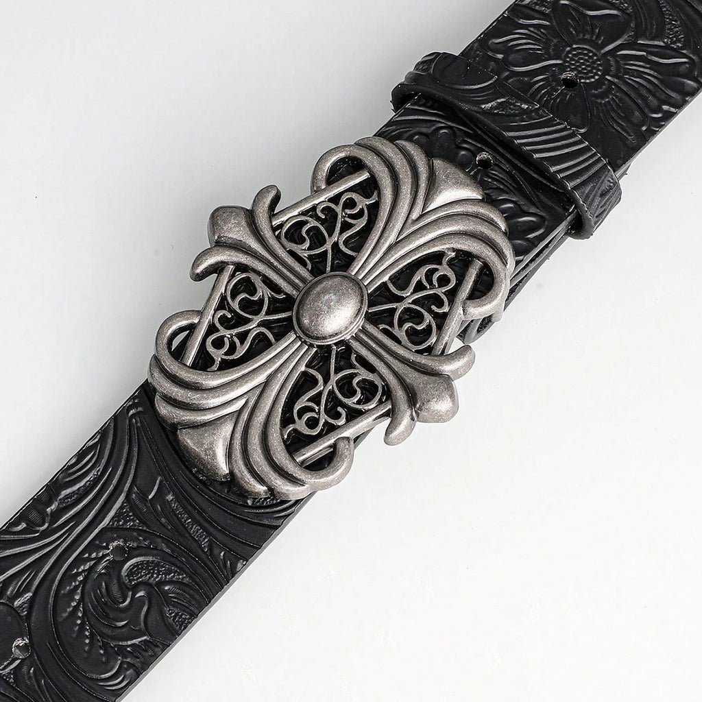 Retro Men's Belt Bohemian Style-Chic Black PU Leather Belt Fashion Vintage Hollow Buckle Belt Punk Rock Y2K Style，For Men Women