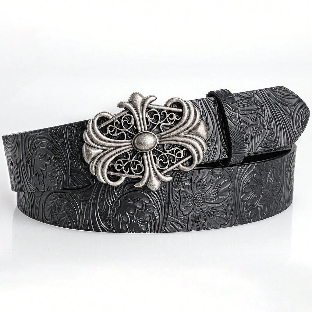 Retro Men's Belt Bohemian Style-Chic Black PU Leather Belt Fashion Vintage Hollow Buckle Belt Punk Rock Y2K Style，For Men Women