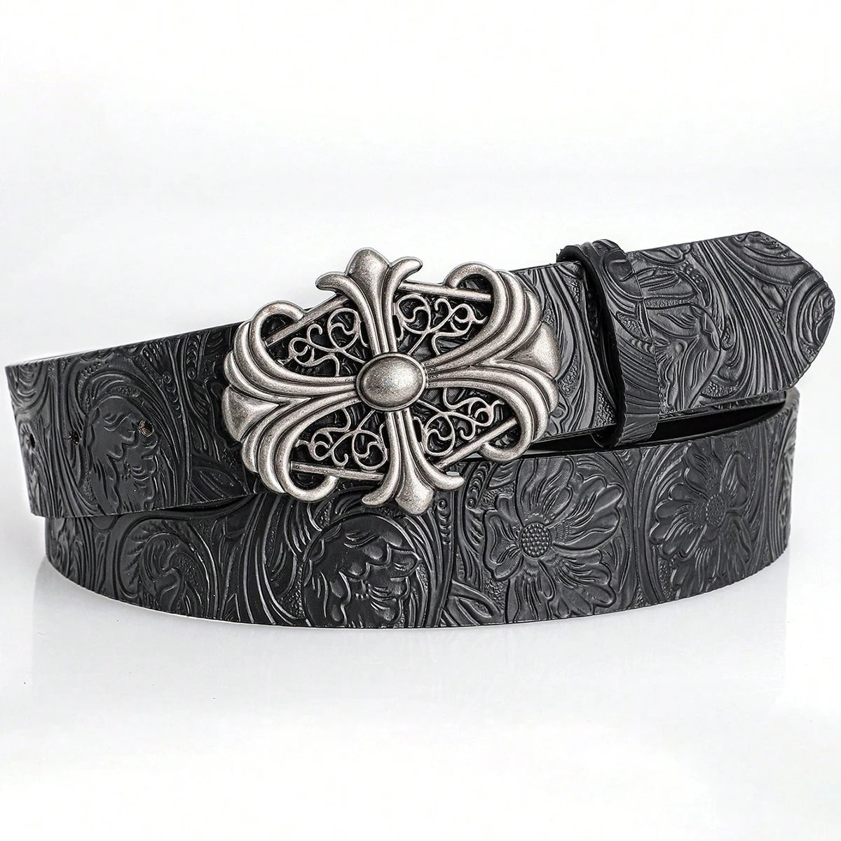 Retro Men's Belt Bohemian Style-Chic Black PU Leather Belt Fashion Vintage Hollow Buckle Belt Punk Rock Y2K Style，For Men Women